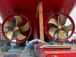 Propellers on the underside of the research vessel Knorr. 