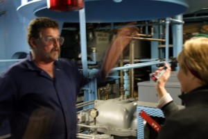 Kate in engine room. (Woods Hole Oceanographic Institution)