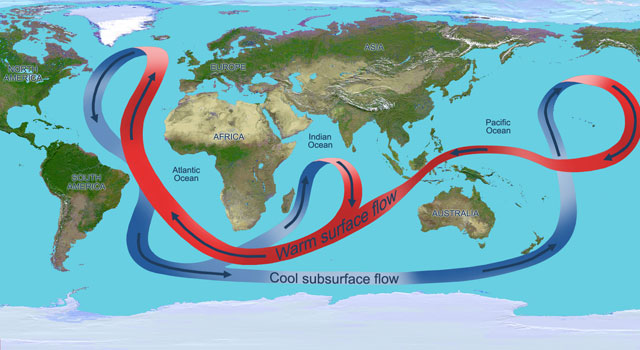 Image of the Great Ocean Conveyor schematic with red and blue arrows of the whole world.