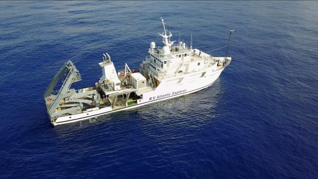 Photo of R/V Atlantic Explorer in the ocean, taken from above.